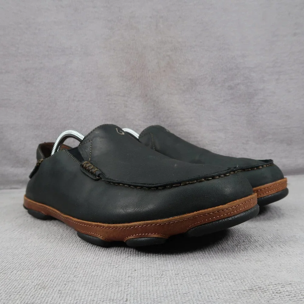 OluKai Shoes Mens 9.5 Moloa Loafers Moc Toe Leather Slip On Black Casual Comfort